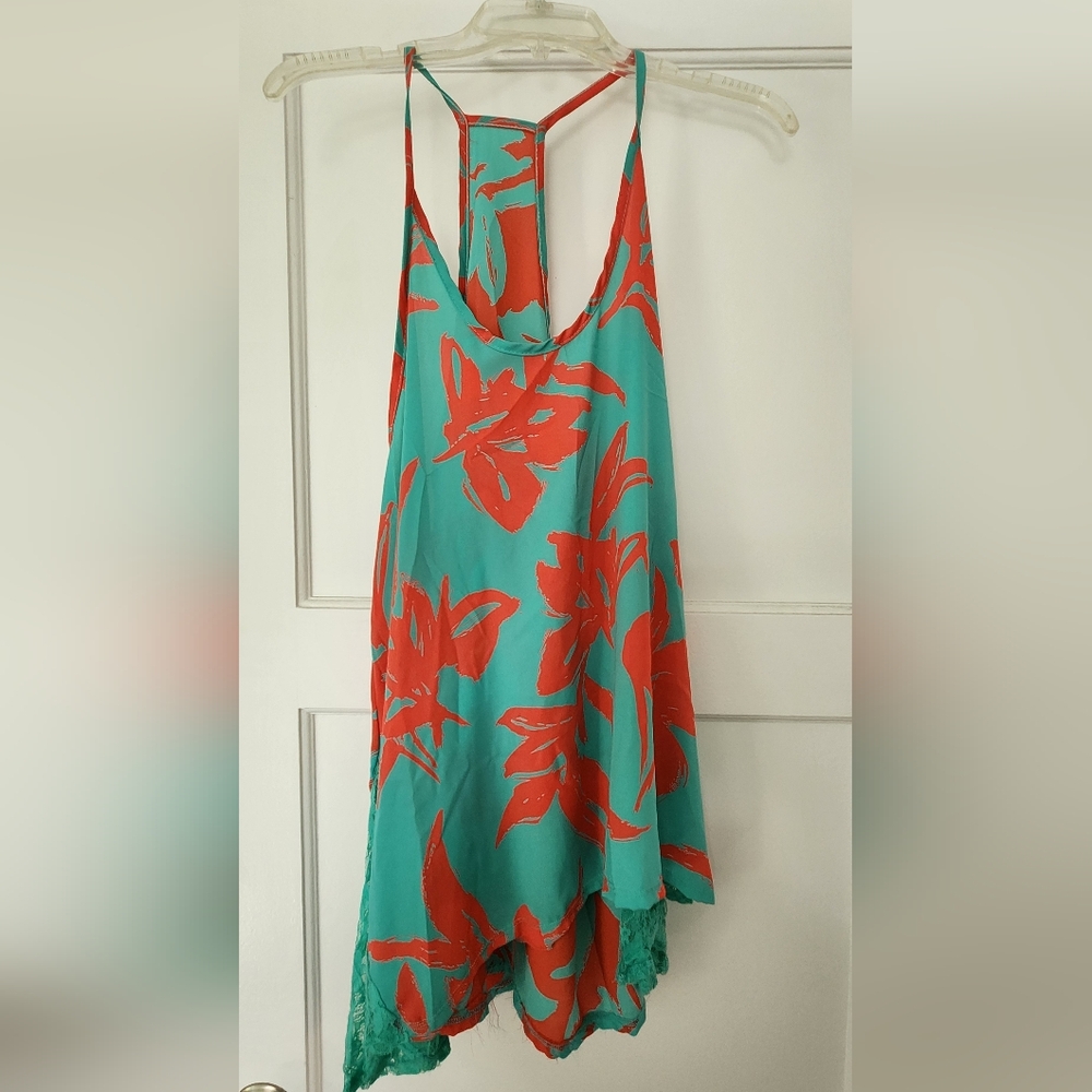 Vibrant Orange and Aqua Floral Short Dress Or Long Top - Picture 2 of 4